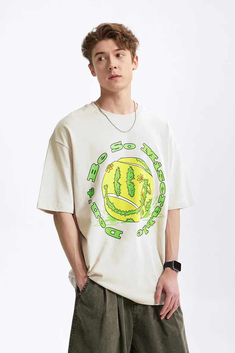 Men's Tennis Graphic Cotton T-Shirt American Vintage Tee Streetwear Loose Fit Crew Neck Short Sleeve
