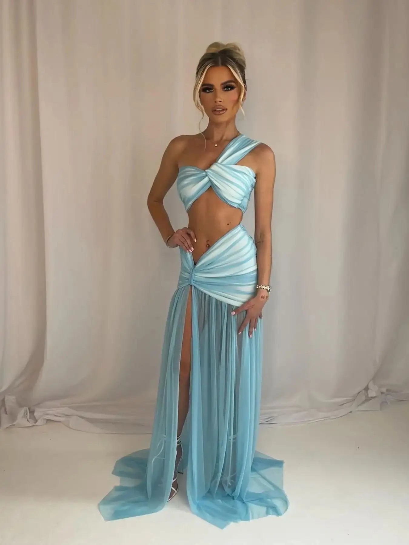 Women's Two-piece Bandage Sleeveless Waist Chic Slit Summer Mini Skirt Set