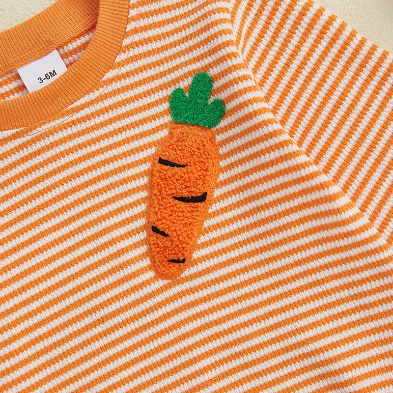 Baby Easter Romper - Stripe Rabbit Carrot Embroidery Long Sleeve Bodysuit