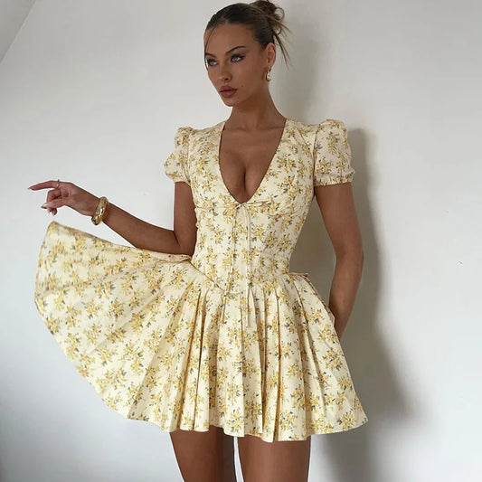 Women's Elegant Puff Sleeve Corset Floral V Neck Mini Dress -  Grunge Vintage Dress