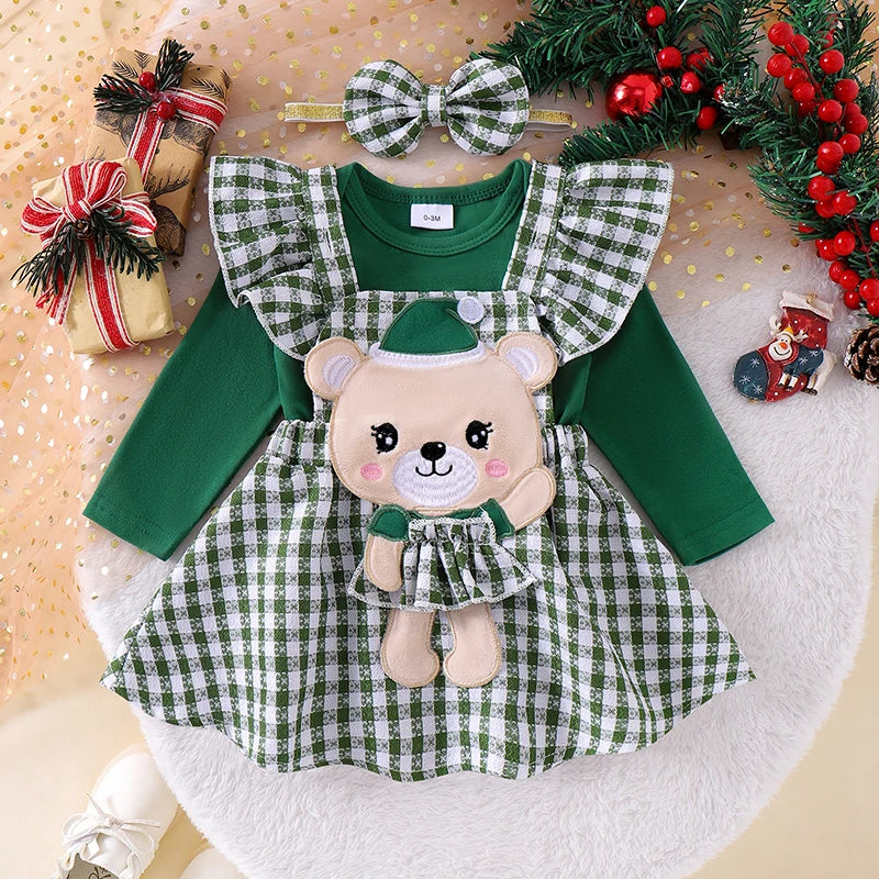 0-18M  Baby Girls Christmas Clothes Sets - Romper Cartoon Doll Embroidery Suspender Skirt Headband