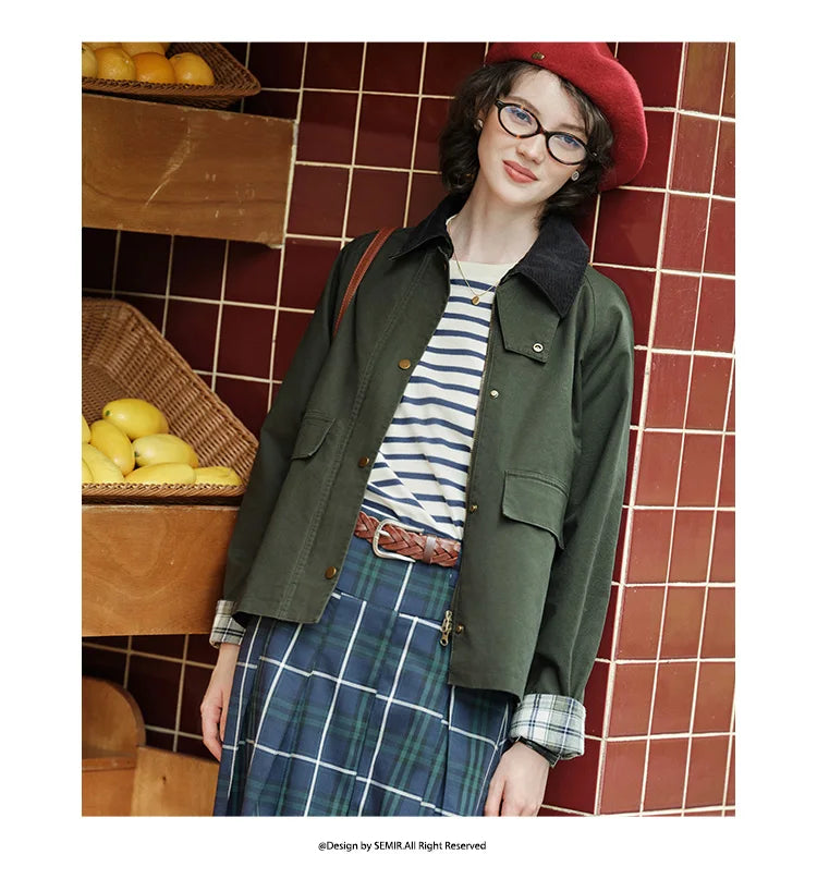 Women's Raglan Sleeve Patchwork Jacket - Loose Fit Retro Chic Autumn Coat