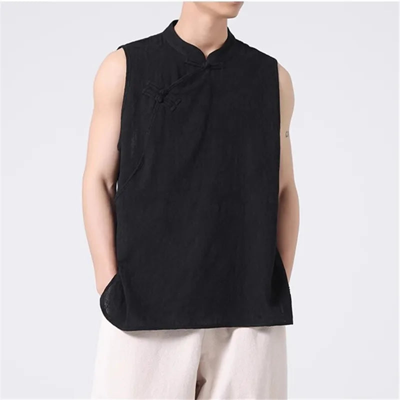 Men's Summer Tank Top Chinese Style Loose Stand Collar Cotton Casual Breathable Sleeveless Vest