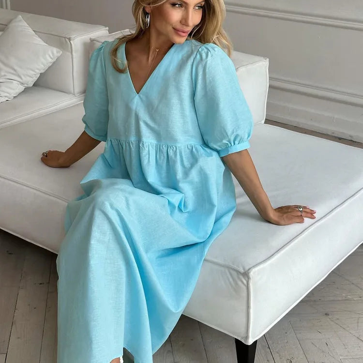 Women's  V-Neck Puff Sleeve Blue Dress- High Waisted Long  Dress