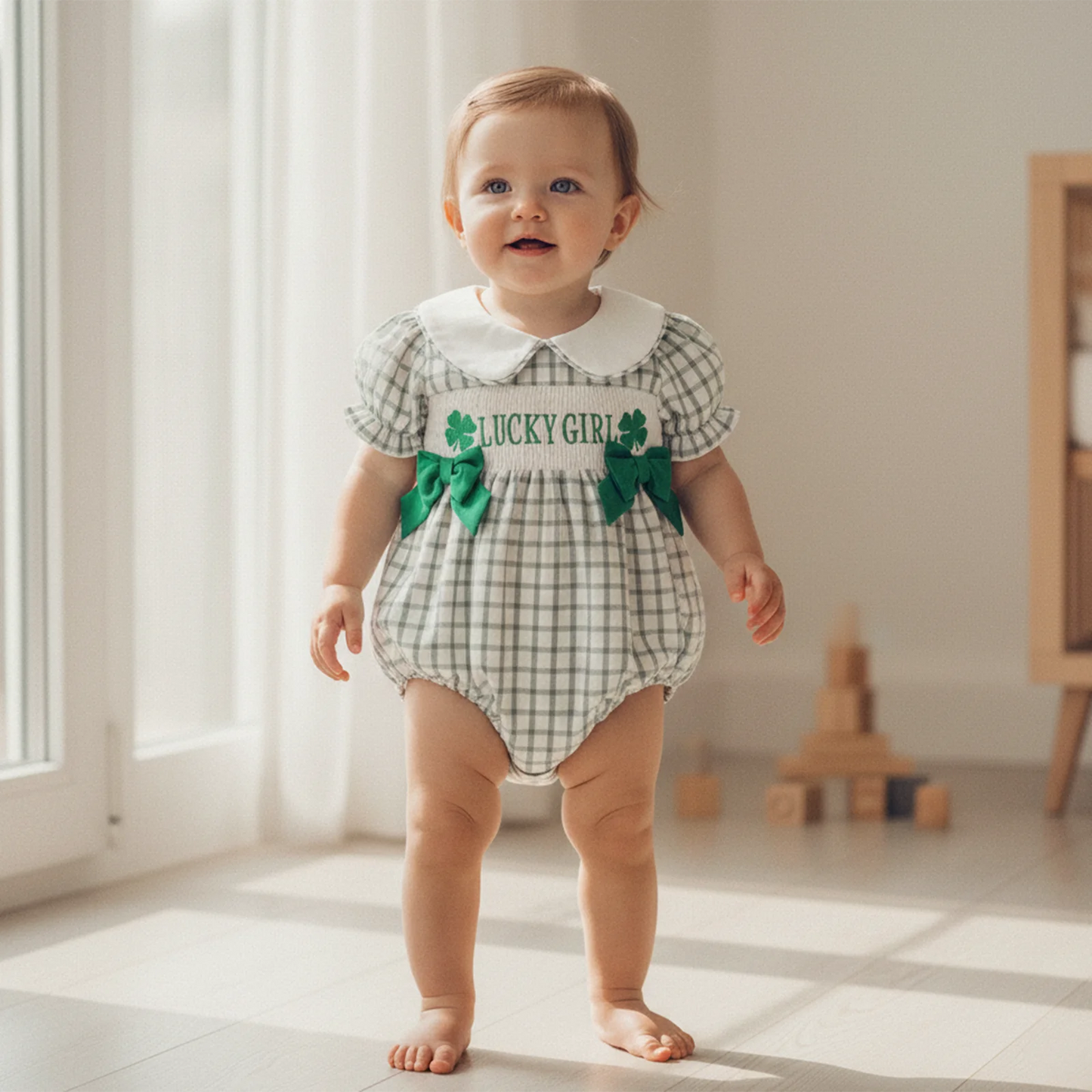 Newborn Baby Girls Boys Irish Plaid Clover Embroidered Short Sleeve Doll Collar Romper