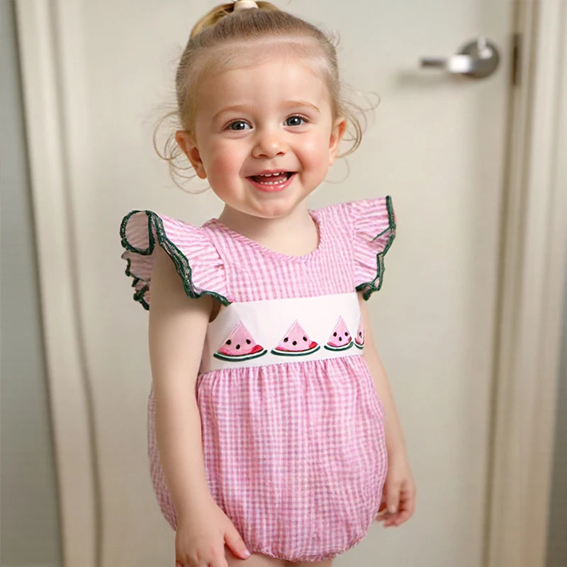 Baby Fruit Embroidery Romper - Ruffles Fly Sleeves Plaid Print Jumpsuit (0-18M)