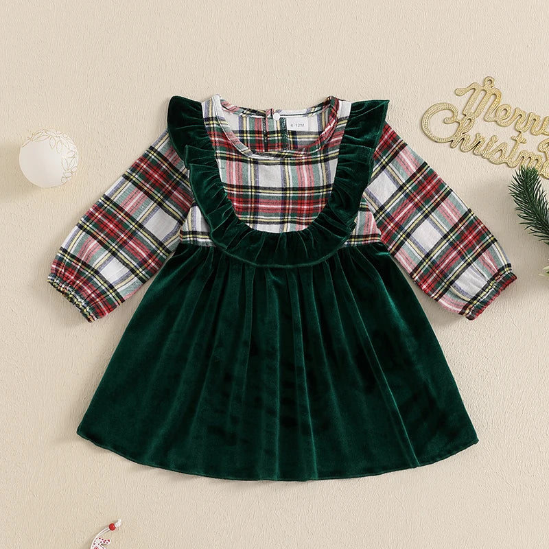 0-4Y Girl Christmas Plaid Print Velvet Patchwork Long Sleeve Crew Neck Ruffled A-Line Dress