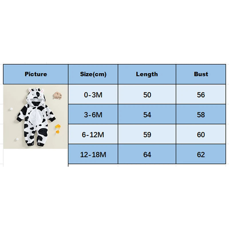 0-18M  Baby Boys Cute Romper Long Sleeve Cow Pattern Button Hooded Jumpsuit for Newborn