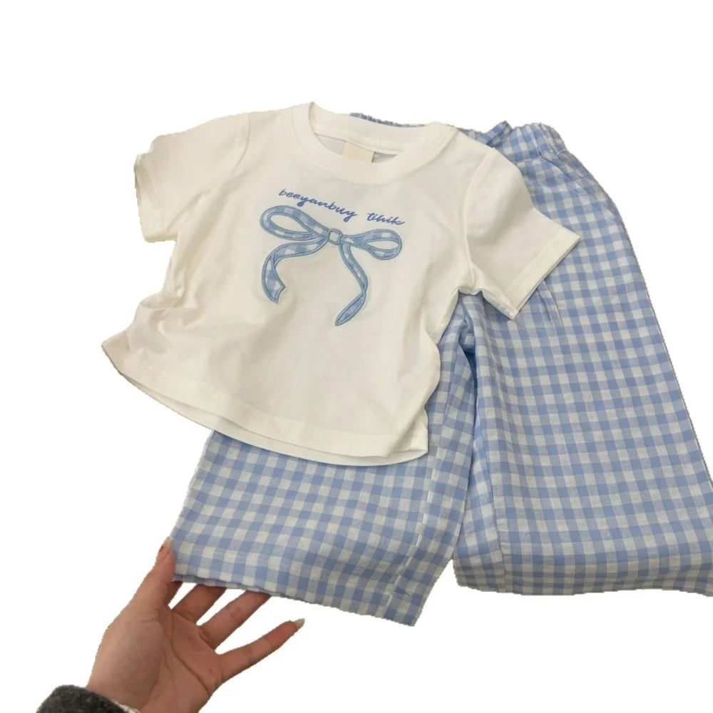 Girls Korean Style Two-Piece Set - Bow Print T-Shirt & Checkered Wide Leg Pants