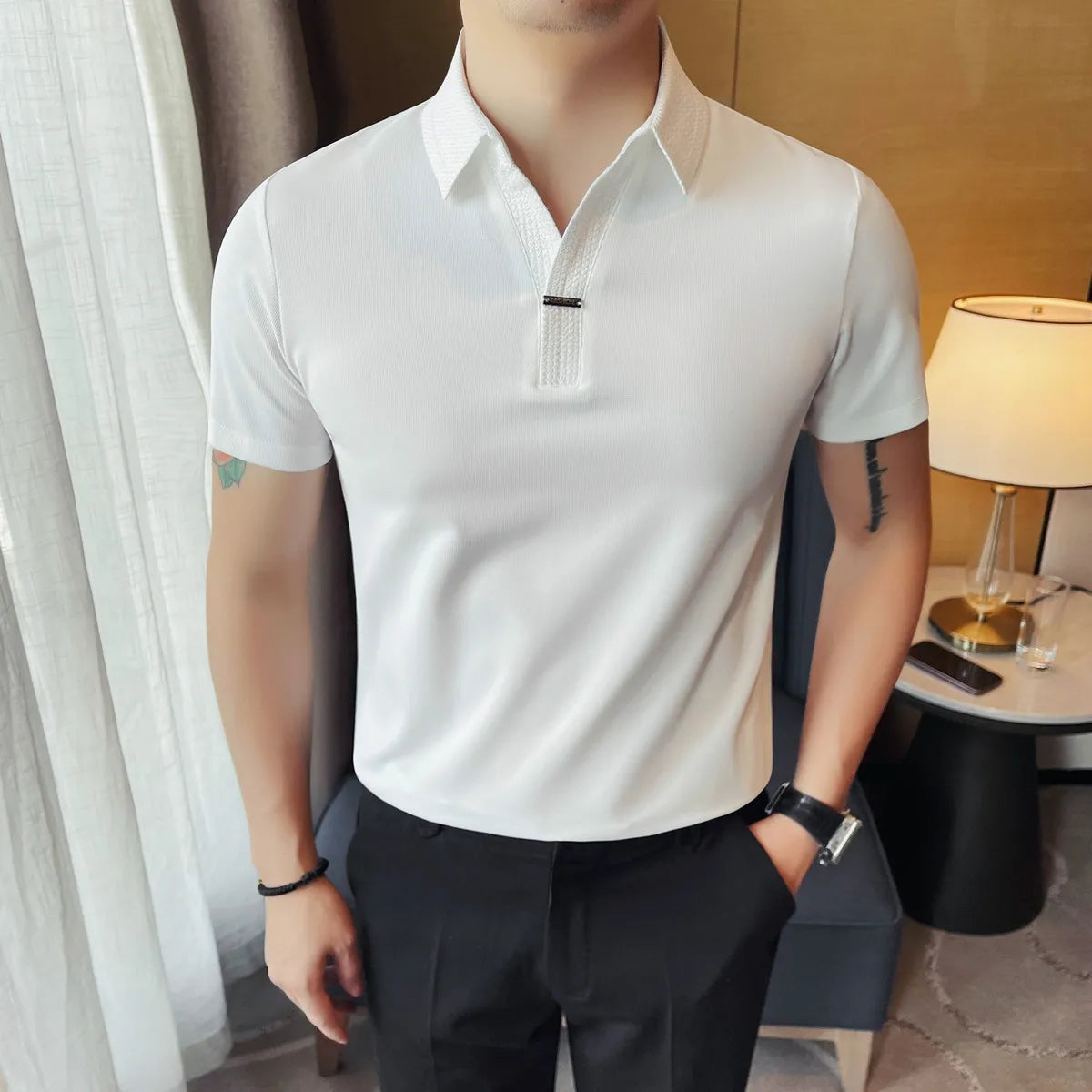 Men's Summer Slim Fit Casual Short Sleeve Style Turn Down Collar Polo Shirt