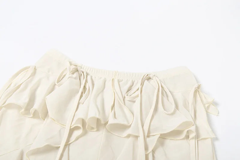 Women's Ruffled Tie Detail Flared Pants - Mesh Sheer Stretch Trousers