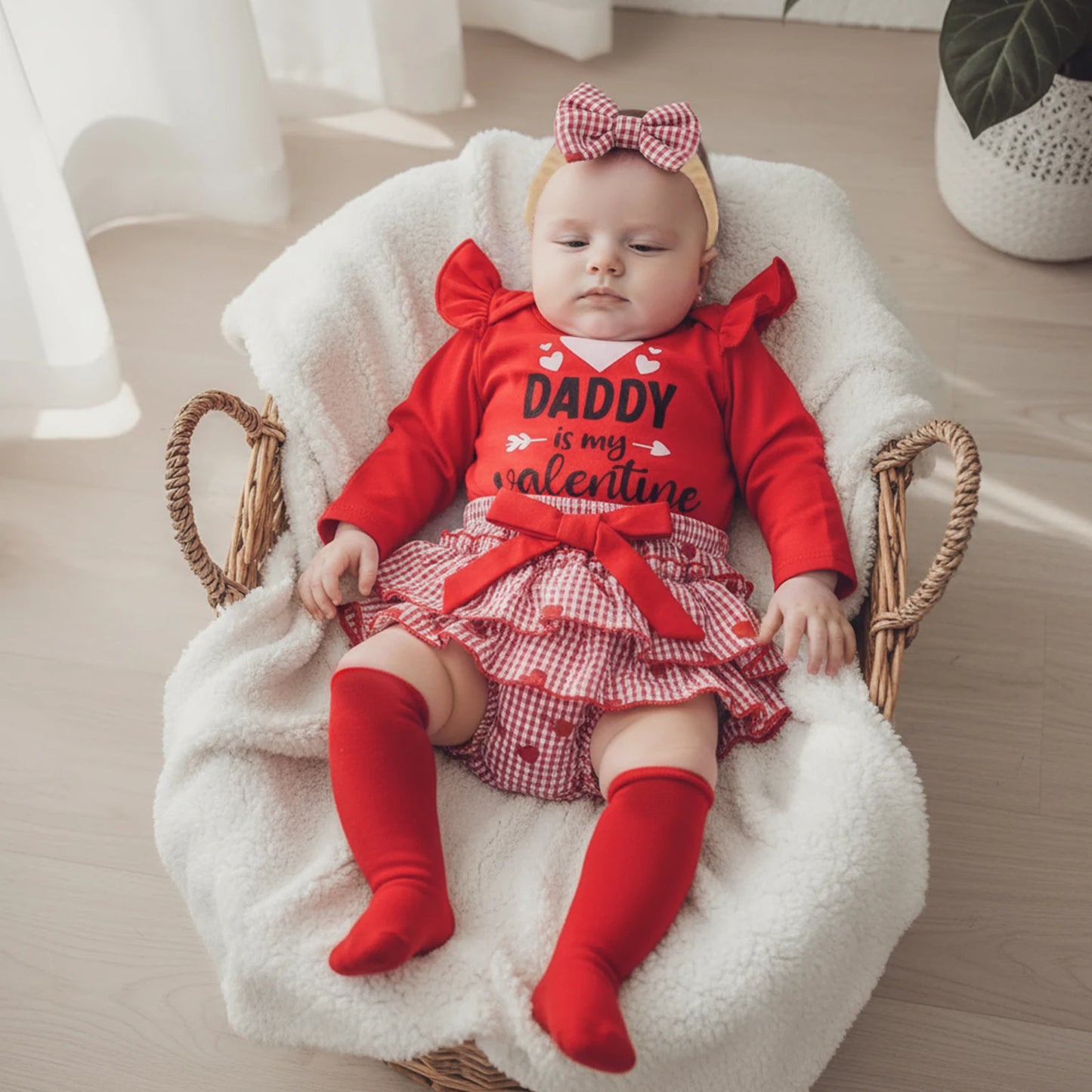 Baby Valentine's Day 4-Piece Outfit Set - Romper, Skirt, Leg Warmers & Headband