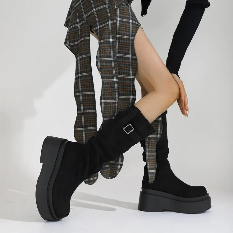 Women's Suede  Round Toe Knee High Buckle Pleats Boots