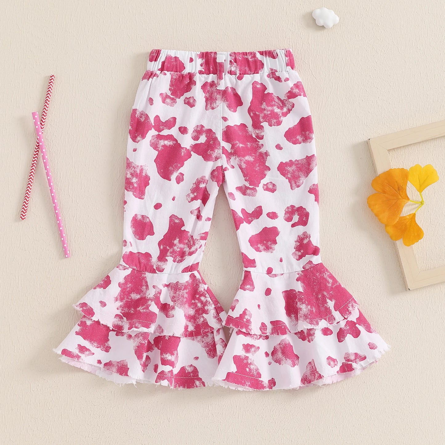 Girl's Bell Bottom Pants Tie Dye Print Elastic Waist Layered Flare Pants with Pockets