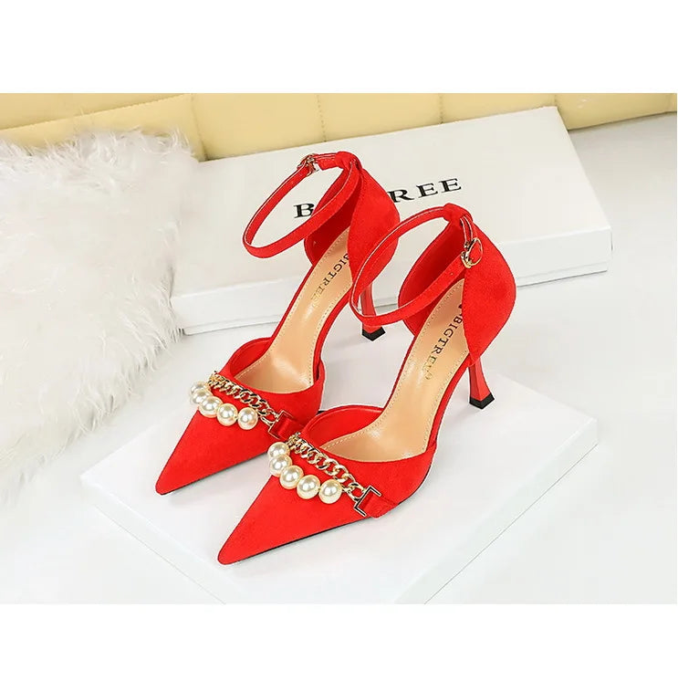 Women's Pearl Metal Chains Sandals Suede High Heels Shoes