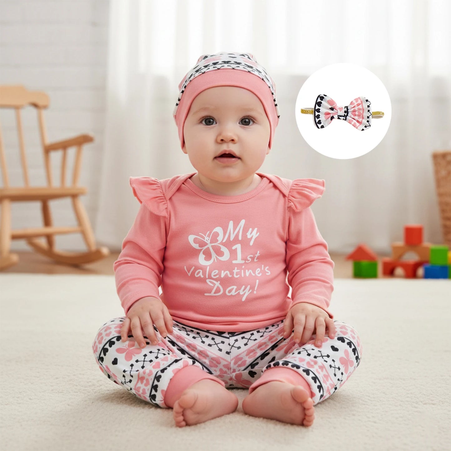 Newborn Baby Girls Boys Valentine's Day Outfit Set - Letter Print Romper with Butterfly Pants & Accessories 0-12M