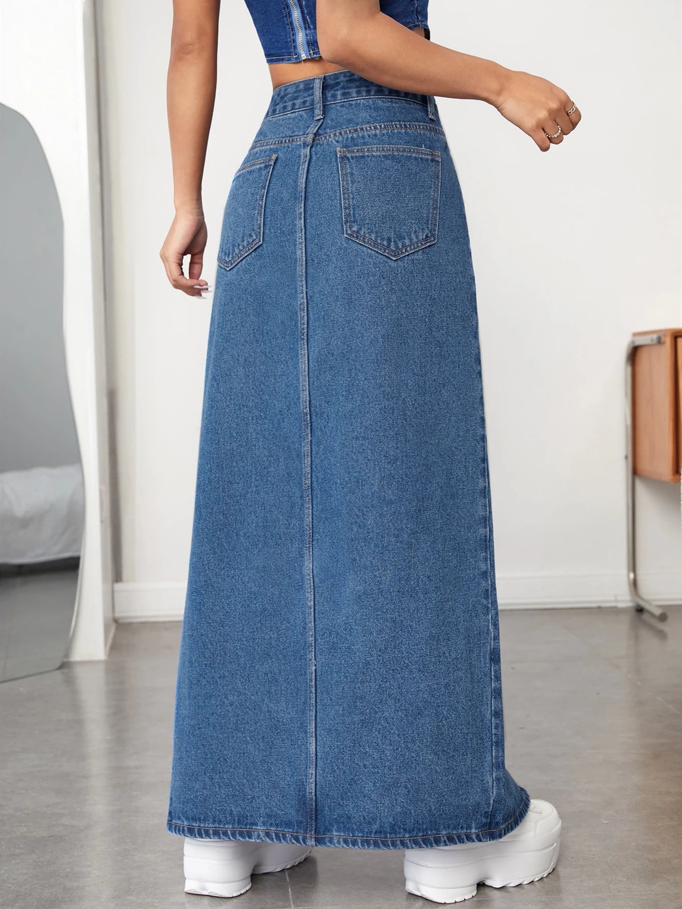 Women's Slant Pockets Whickering Split Non-Stretch Denim Skirt,