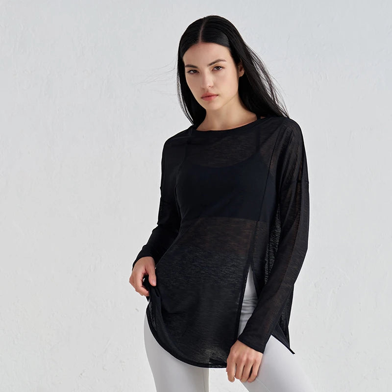 Mesh Long Sleeve Sports Top - Quick Dry Breathable Running Shirt for Yoga & Fitness