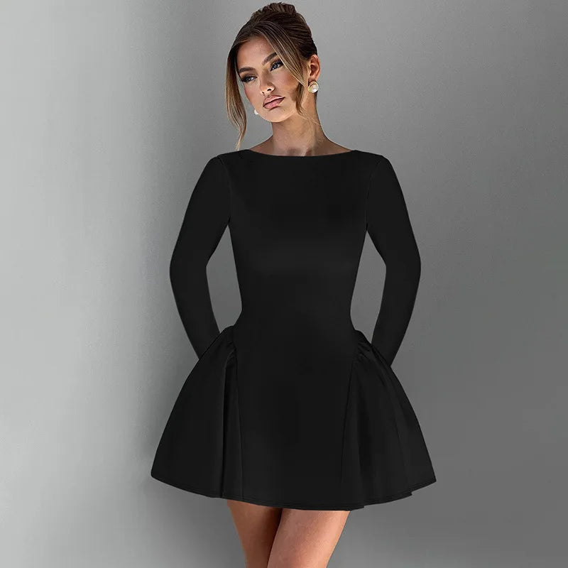 Women's Elegant Bodycon Mini  A-line Hem Splice Round Neck Long Sleeve Dress