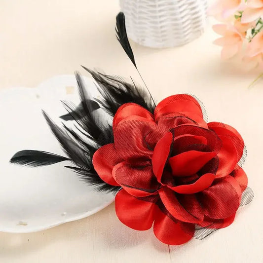 Feather Corsage Brooch - Handmade Fabric Flower Wedding Lapel Pin