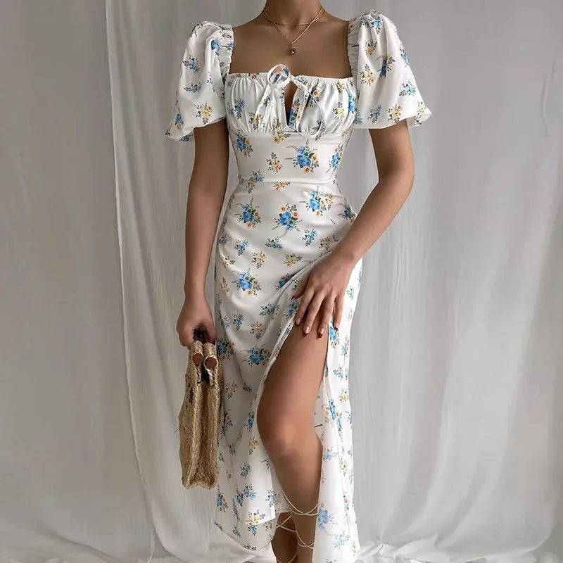 Dress Summer Fashion White Elegant Ladies Backless Clothes Puff Sleeve Floral Print Slit Long Dresses For Women New Arrival 2023