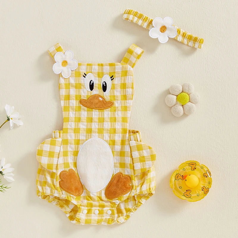 Baby Girls' Cartoon Duck Embroidery Plaid Sleeveless Romper with Floral Headband | Square Neck Summer Playsuit | 3M–12M