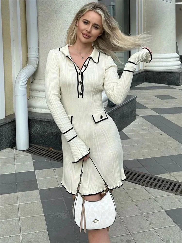 Women's Knitted Ruffled Rib High Waist Long Sleeve Banquet Dress