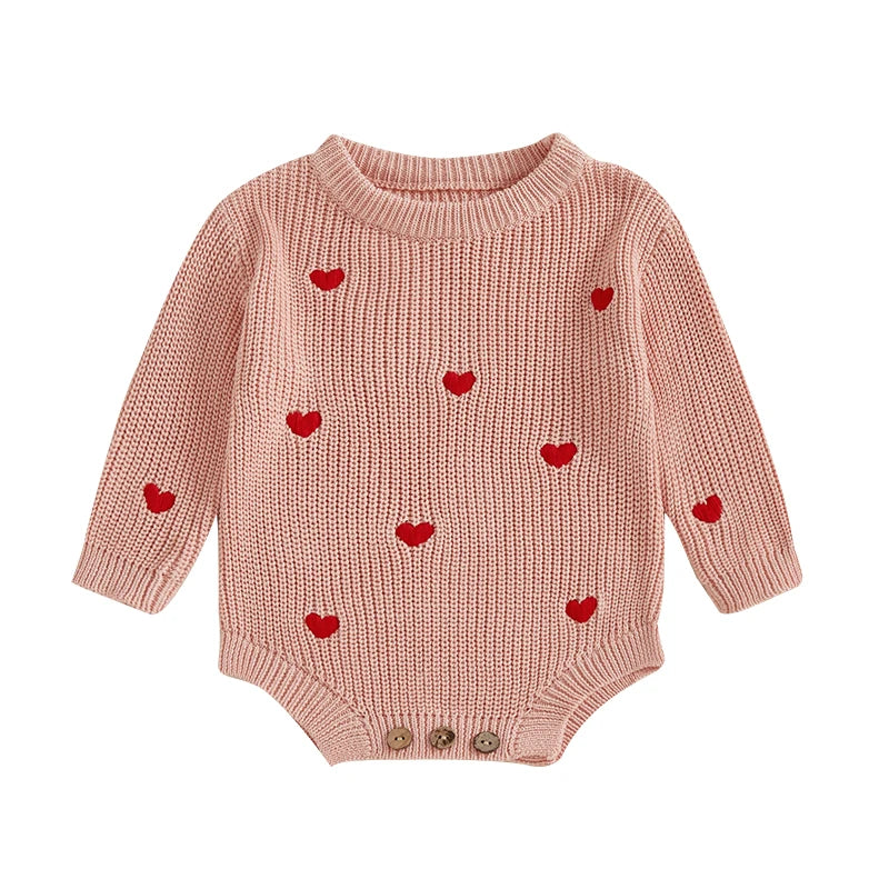 Newborn Baby Girl's Sweater Romper - Heart Knit Long Sleeve Jumpsuit for Valentine's