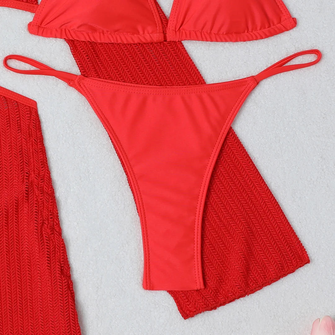 Women's Halter Bikini Set with Long Sleeve Cover-Up | Three-Piece Wire-Free Padded Swimwear
