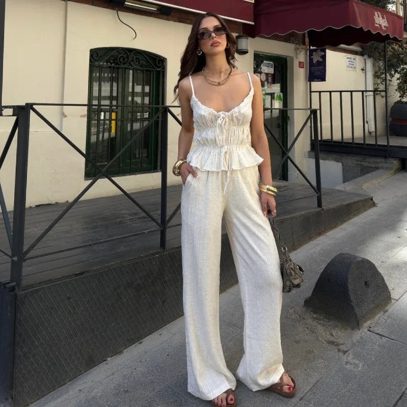 Women's Summer Tie Front Pleated Cami Top & Flare Pant Set - 2 Piece Holiday Outfit
