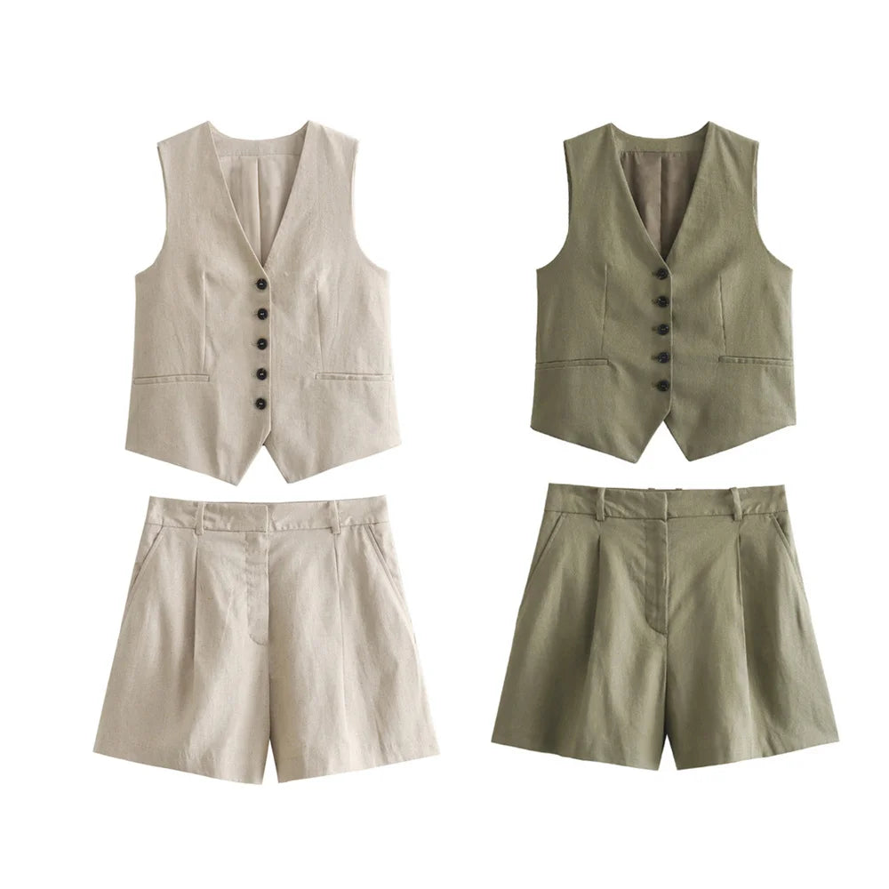 Women's Summer Solid Colour V-Neck Sleeveless Vest High Waisted Shorts Set