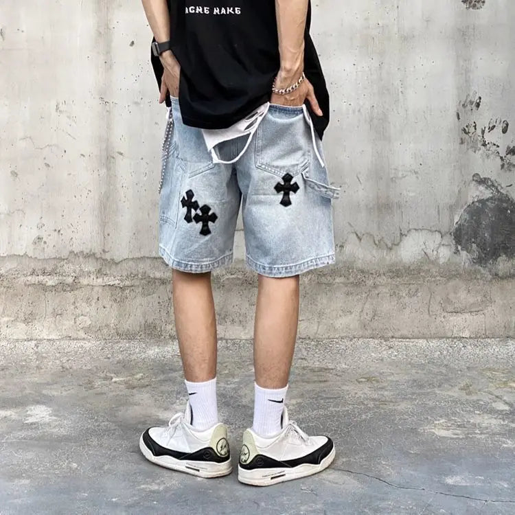 Men's Versatile American Cross Embroidery Washed Denim Shorts