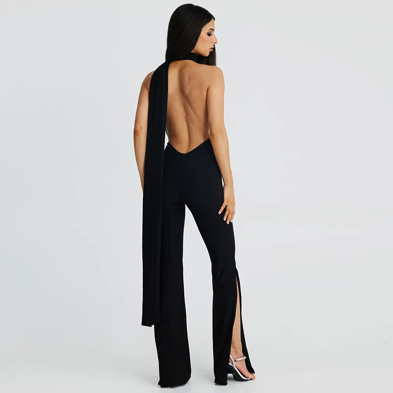 Women's Deep V Wrap Around Halter Backless Flare Pants Jumpsuit -  One-Piece Rompers Overalls