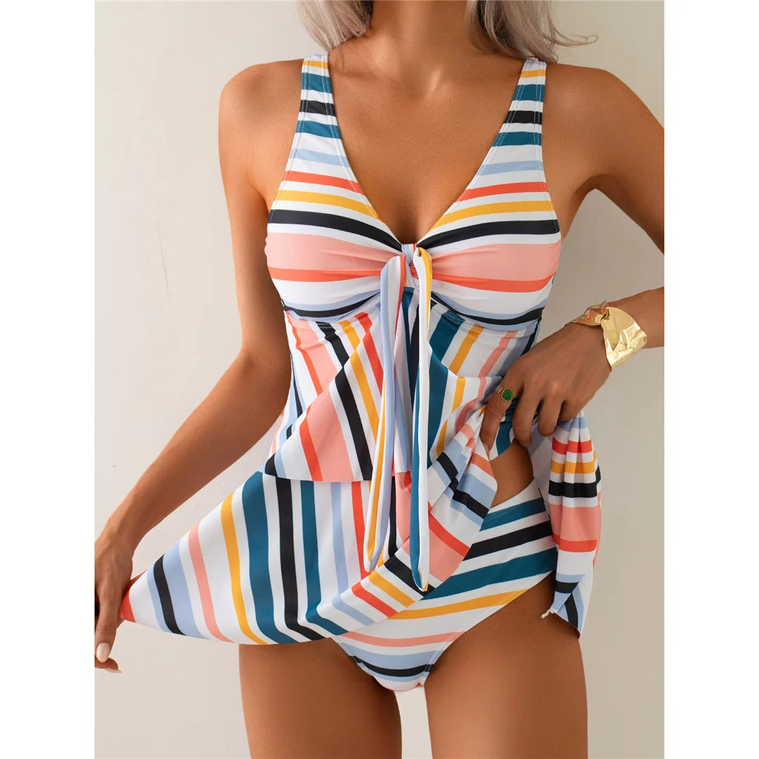 Women's Rainbow Stripe V-Neck Bikini Set - Padded Two-Piece