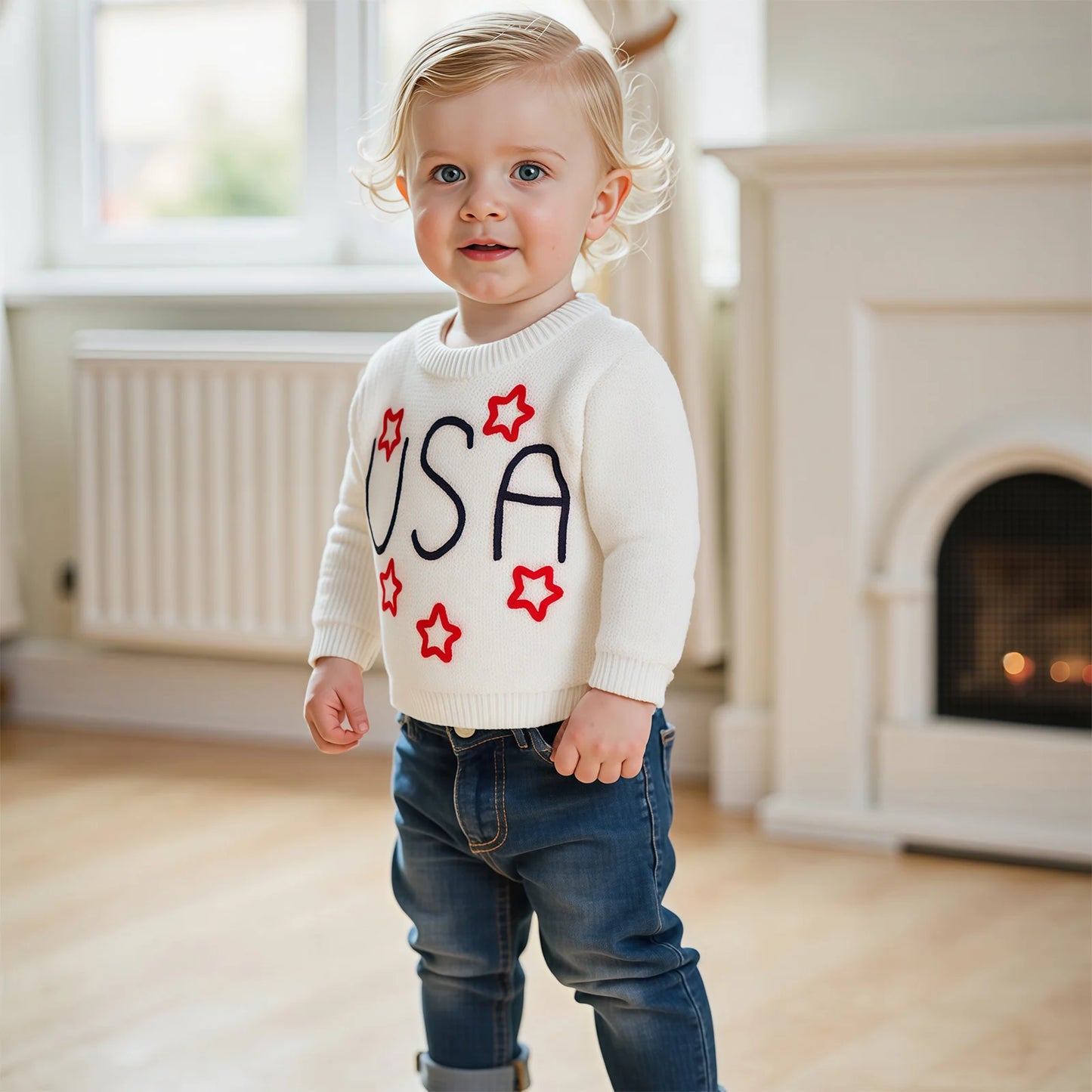 0-5Y USA Kids Boys Girls Sweater Letter Star Embroidery Long Sleeve Crew Neck Knitted Pullover Tops