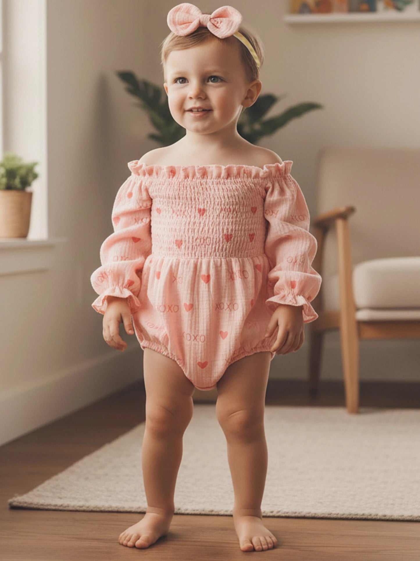 Baby Girls Valentine's Day Romper - Heart Print Smocked Jumpsuit with Headband 0-18M