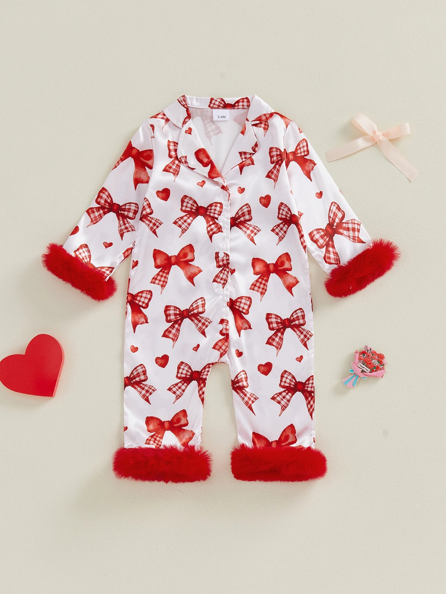 Baby Girls Romper - Heart Print Lapel Collar Jumpsuit with Fur Cuffs