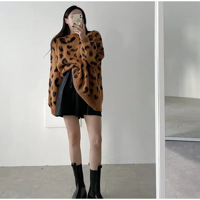 Women's Leopard Print Pullover Loose Oversized Sweater