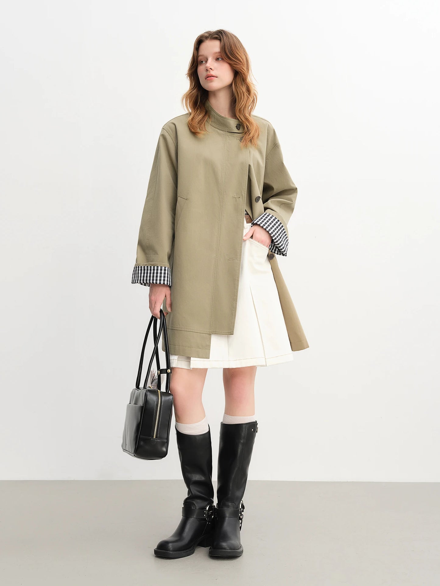 Stand Collar Trench Coat - Plaid Patchwork Relaxed Fit Windbreaker