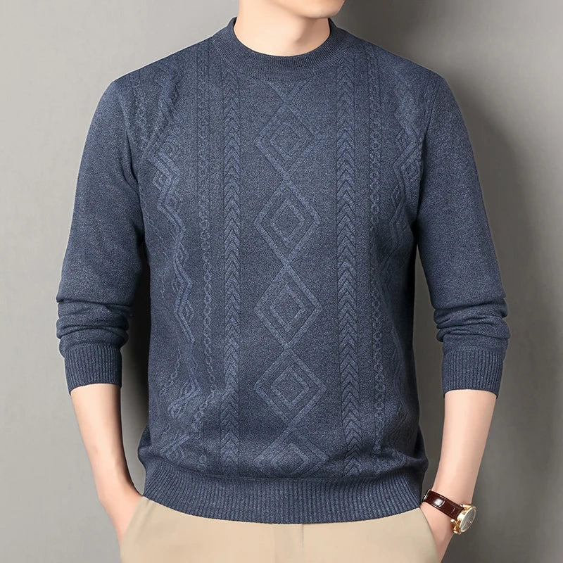 O-Neck Fleece Pullover - Thick Knitted Geometric Sweater
