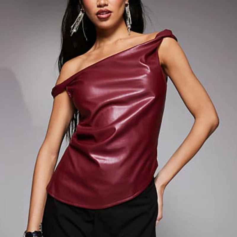 Women's Skew Collar Short Leather Sleeveless Pleated Pullovers Irregular Top