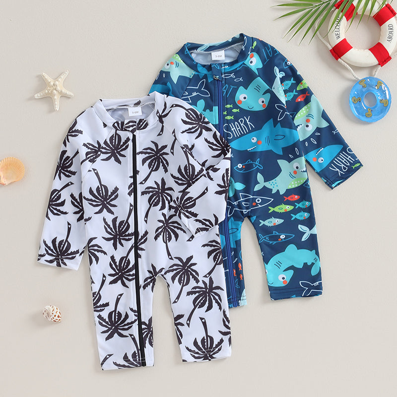 0-24M Infant Baby Boys Swimsuit - Long Sleeve Zip-up Shark/Spider Print Swimwear