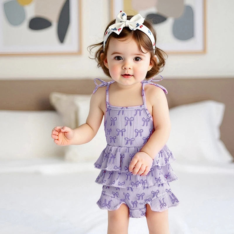 Bow Print Layered Ruffle Spaghetti Strap Baby Romper