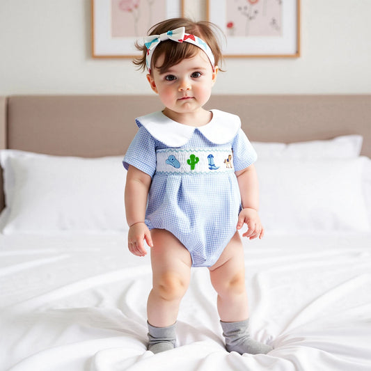 Lovely Baby Summer Romper - Plaid Print Western Embroidery Doll Collar Jumpsuit (0-18M)