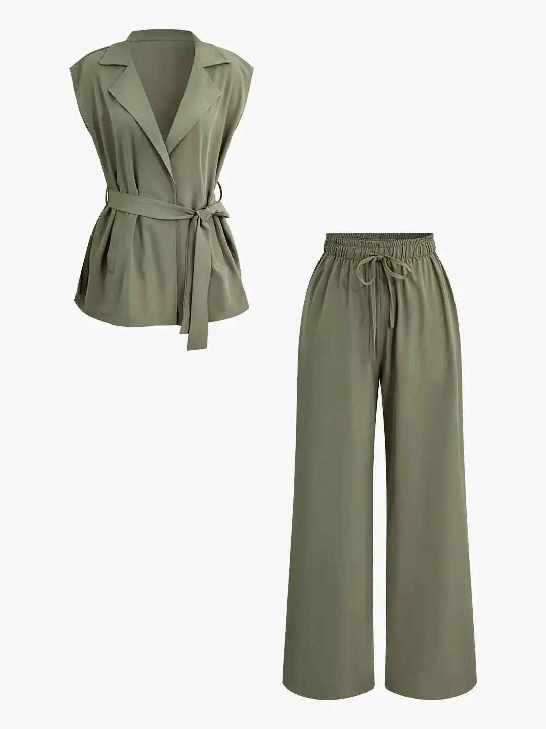 Women's Notched Lapel Sleeveless Belted Top And Drawstring Wide Leg Pants  Two Piece Set