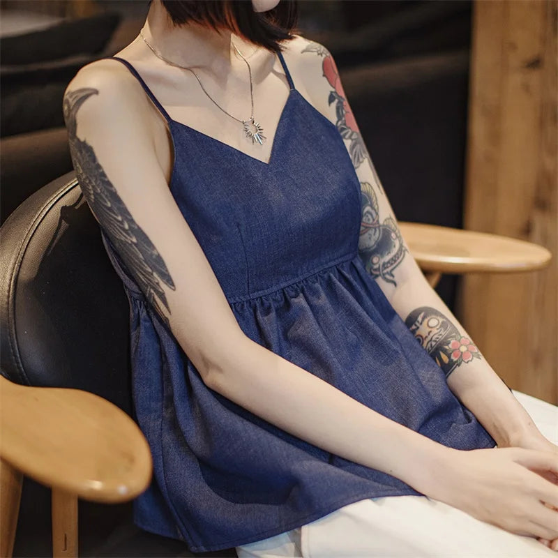 Women's Y2K Denim Vest Top - Blue V-Neck Sleeveless Tank with Ruched Details Summer Streetwear