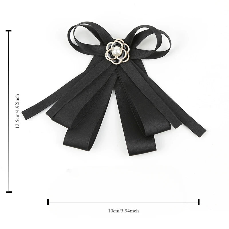 Houndstooth Ribbon Bow Brooch with Pearl