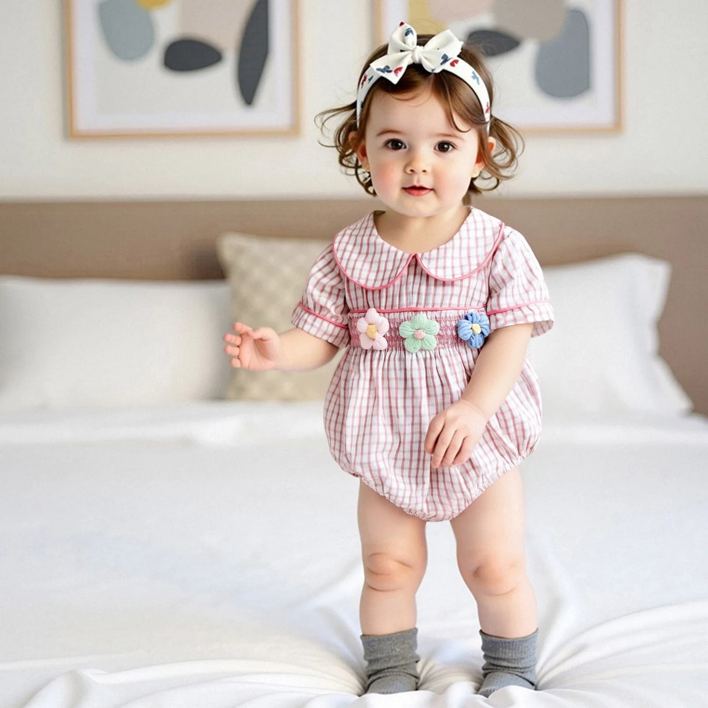 Baby Girls Summer Plaid Romper - Doll Collar Short Sleeve with Flower Embroidery (0-18M)