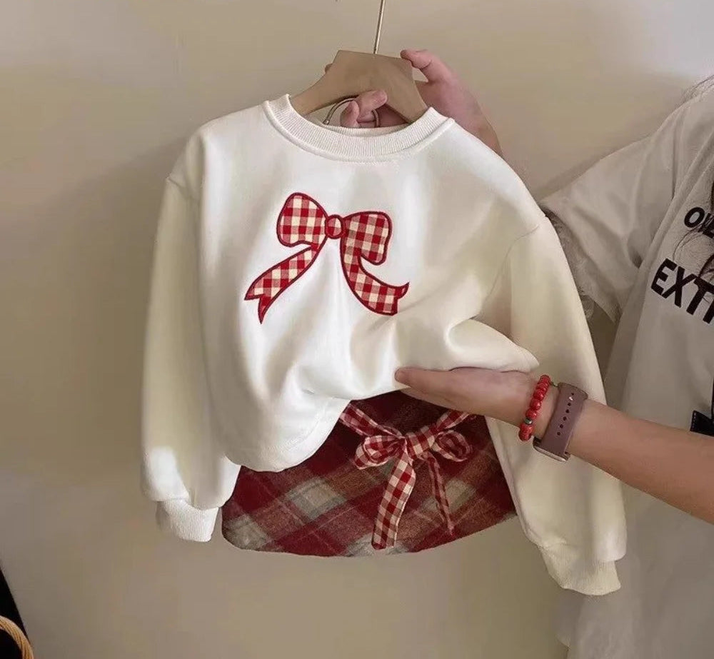 3-7 Years Girl's Clothes Autumn  Bow Print Long Sleeved Top and Plaid Skirt Easter Two-piece Set