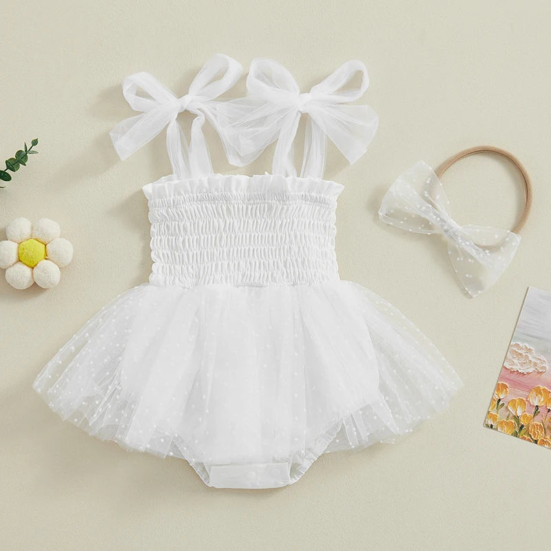 Baby Girls Princess Romper Dress Set - Sleeveless Dot Mesh Tulle with Hairband